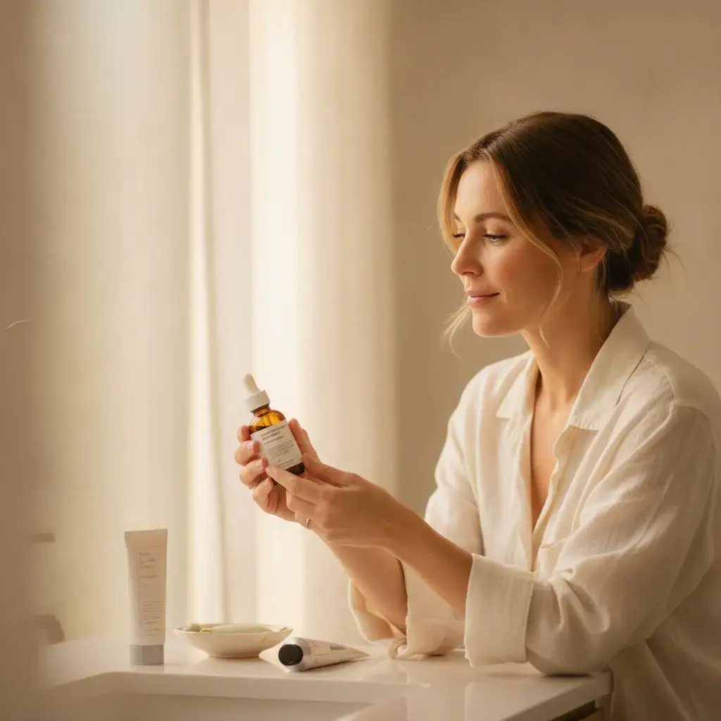 A photorealistic, editorial-style portrait of a woman in her early-to-mid thirties seated at a clean, sun-drenched...