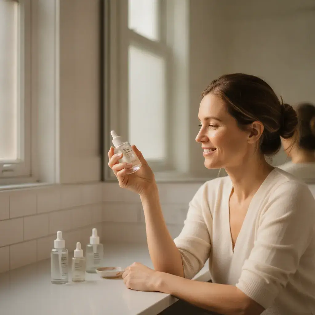 A photorealistic portrait of a woman in her mid-thirties sitting at a clean, sunlit vanity in a bright, uncluttered bathroom