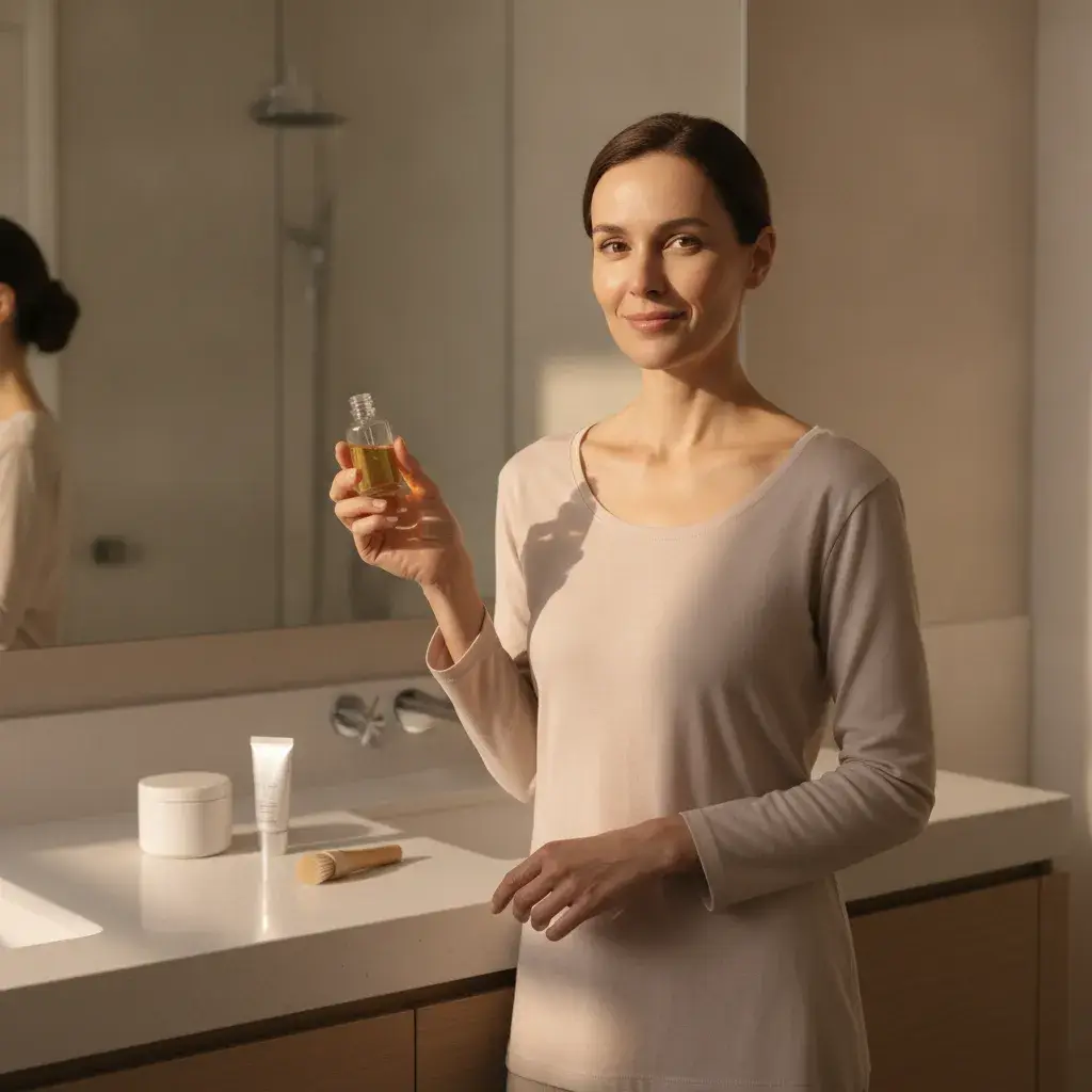 A photorealistic portrait of a woman in her mid-30s standing at a clean, uncluttered bathroom counter in the quiet...