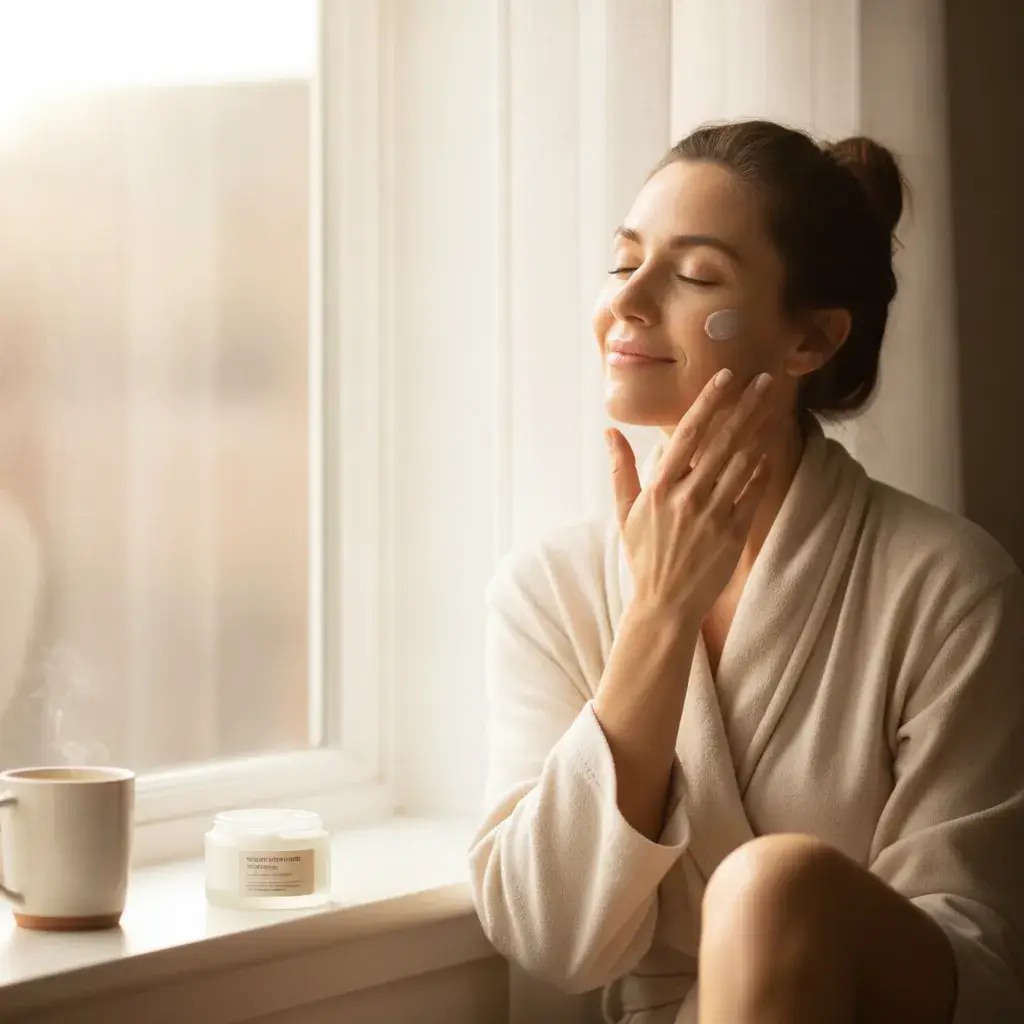 A photorealistic, softly lit portrait of a woman in her early thirties sitting beside a large, sun-filled window on a...