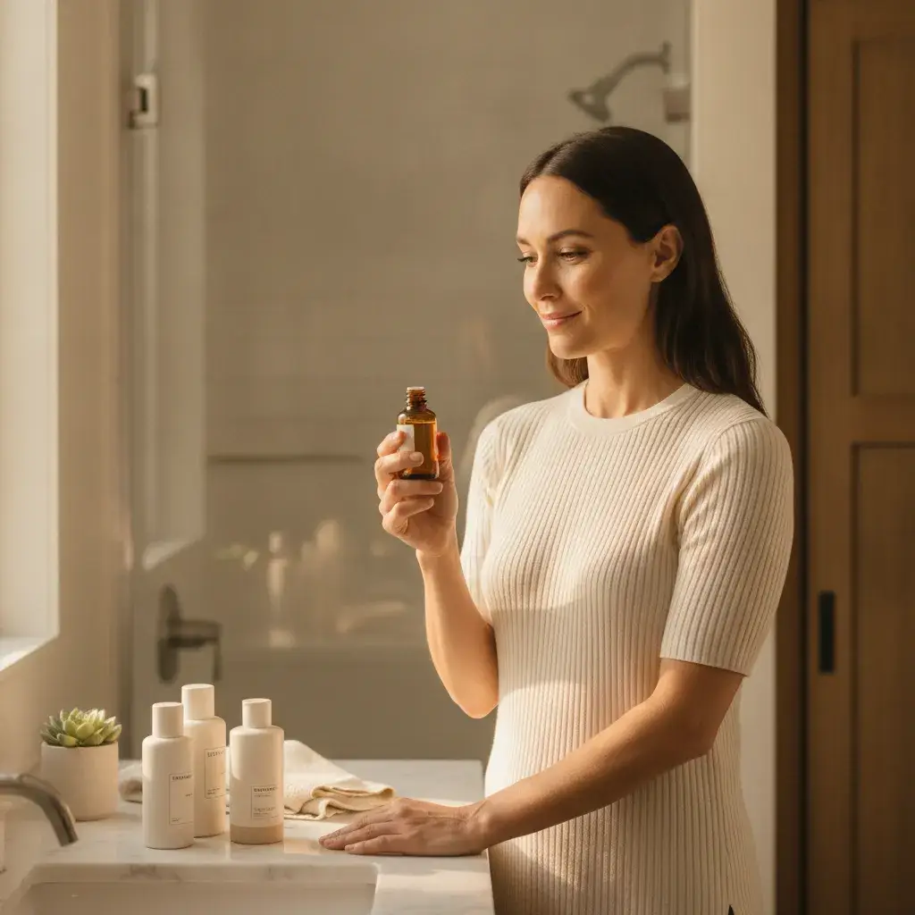 A photorealistic portrait of a woman in her early 30s standing at a sun-warmed bathroom vanity in soft morning light,...