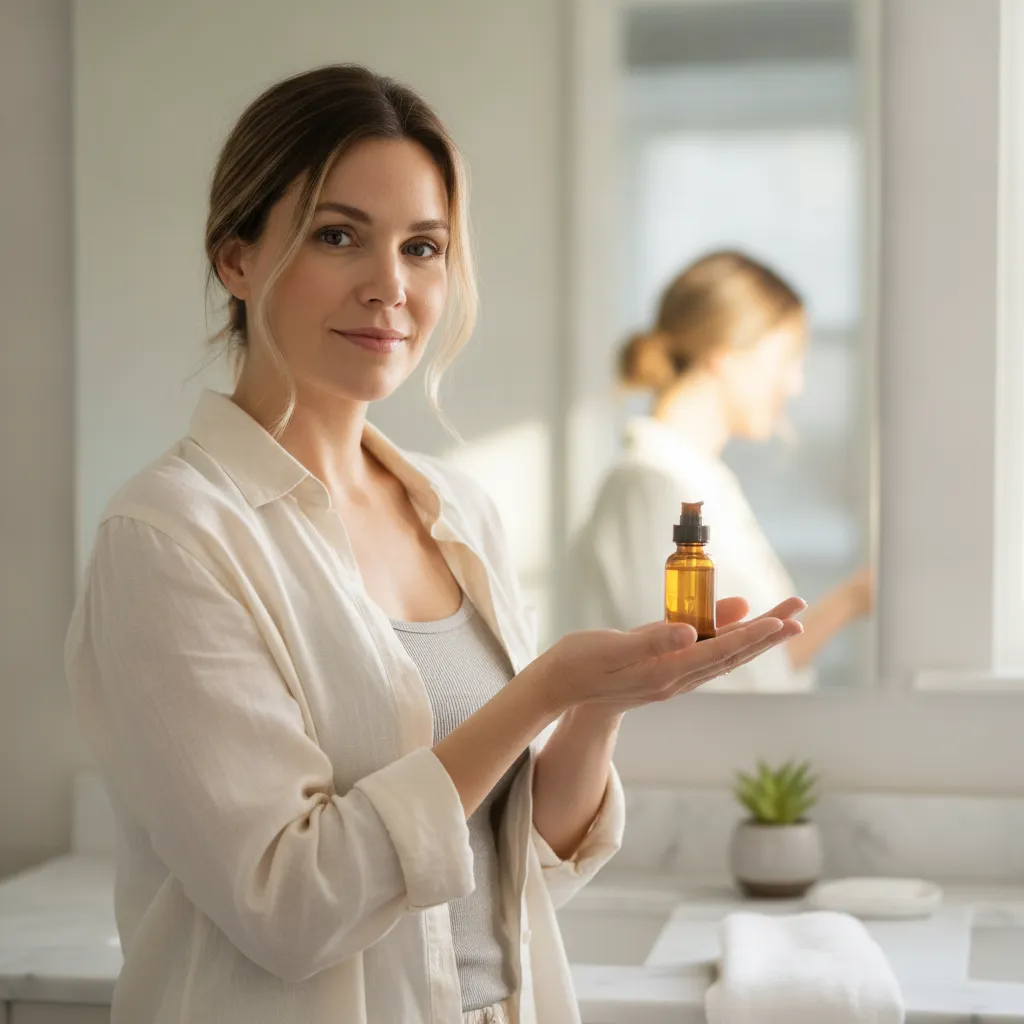 A photorealistic portrait of a woman in her early thirties standing in a sun-filled bathroom, holding a small glass...