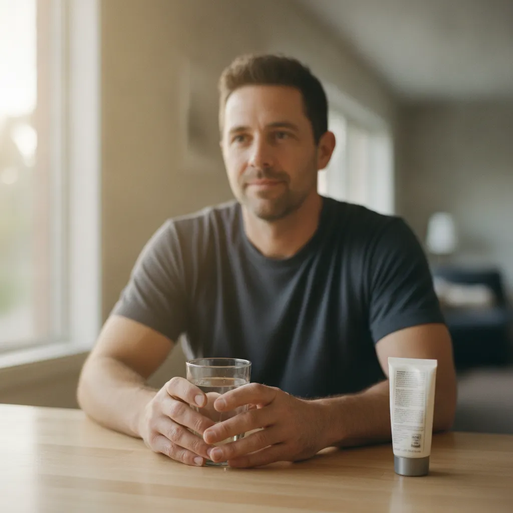 A photorealistic documentary-style portrait of a man in his late 30s — visibly a trades worker, with strong, capable...
