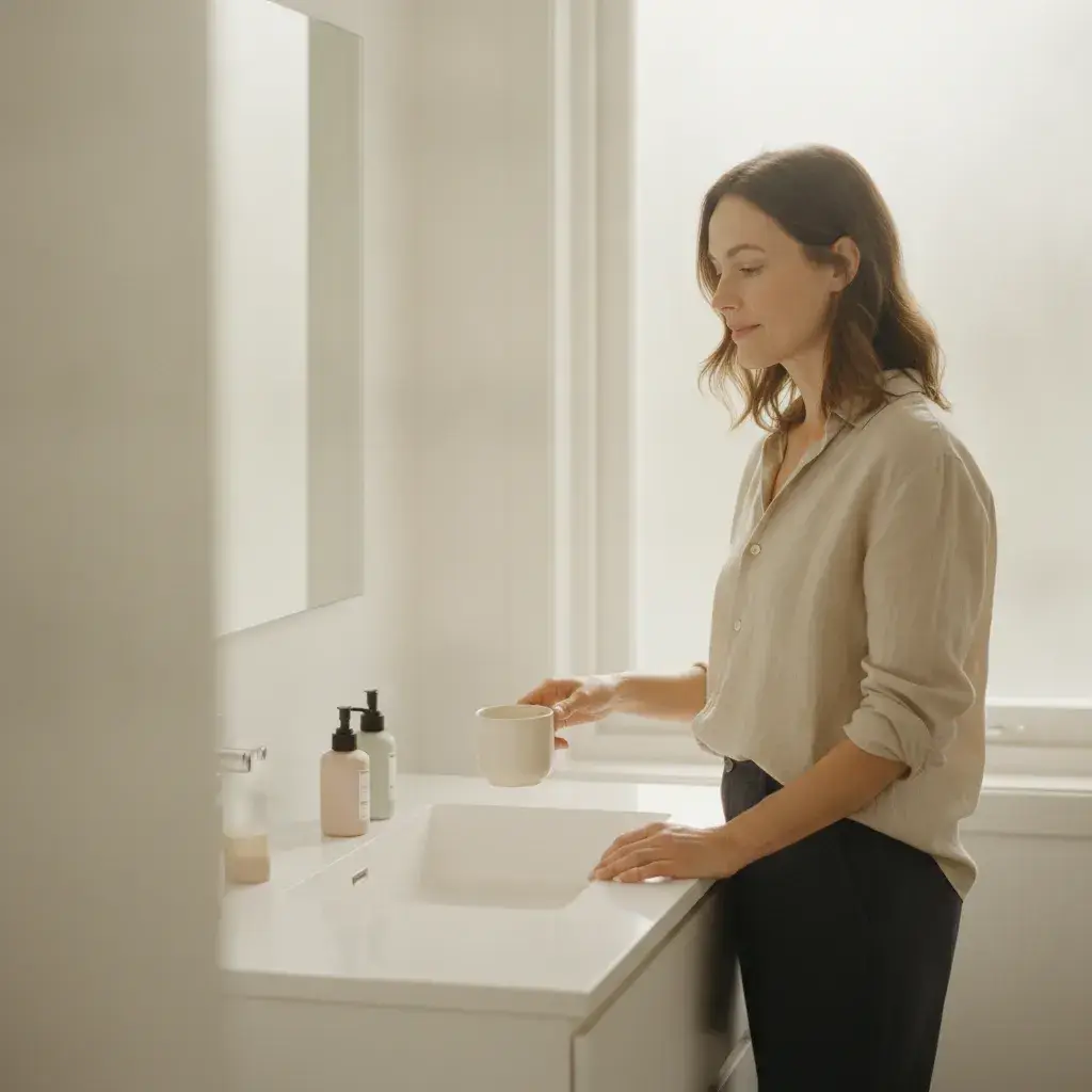 A photorealistic, softly lit portrait of a woman in her mid-30s standing at a clean white bathroom vanity in quiet...