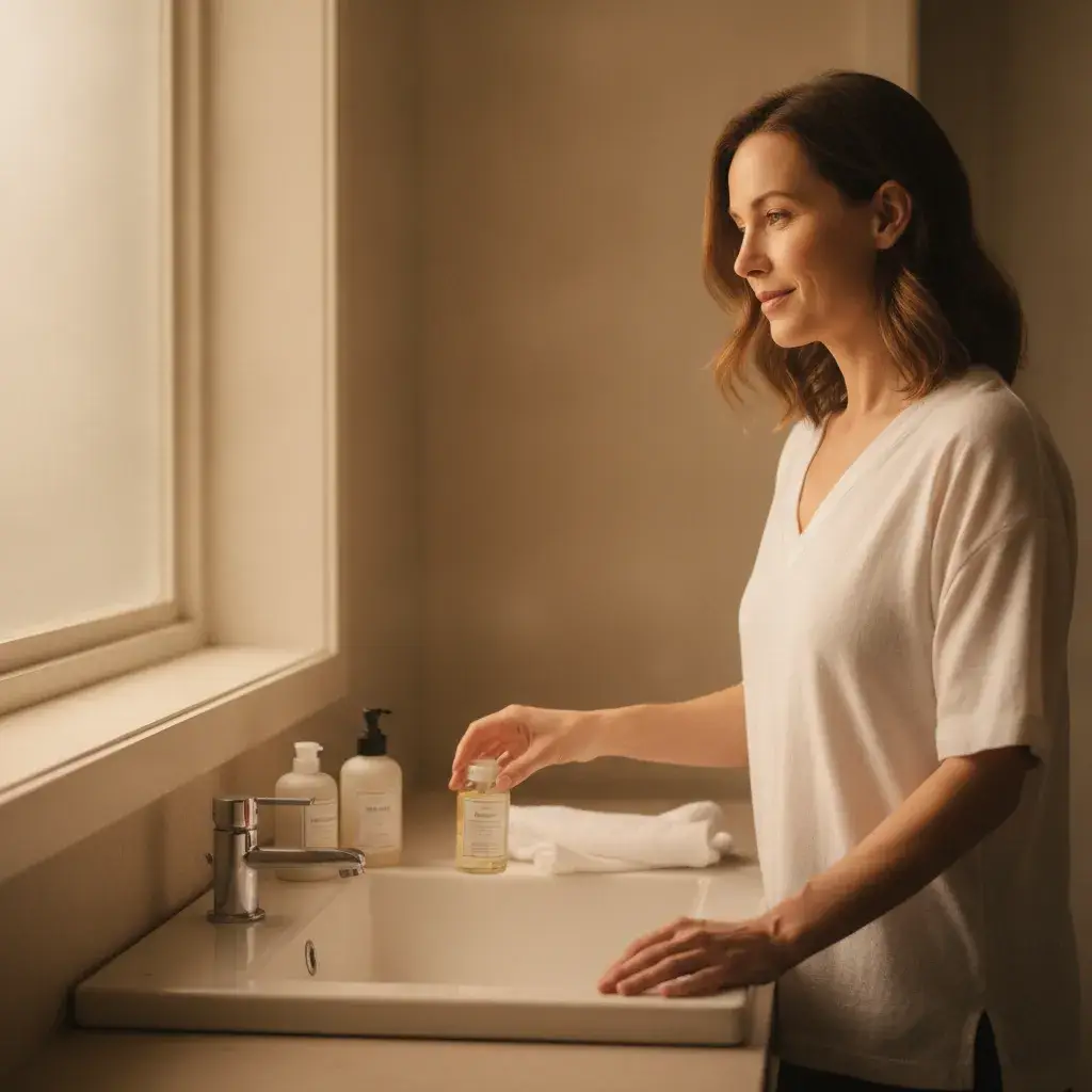 A photorealistic, softly lit portrait of a woman in her mid-30s standing at a clean bathroom sink in quiet morning light