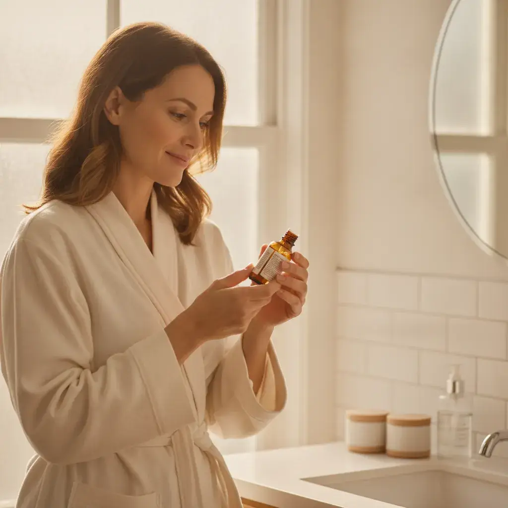A photorealistic portrait of a woman in her mid-30s standing in a sun-warmed bathroom, holding a small amber glass...