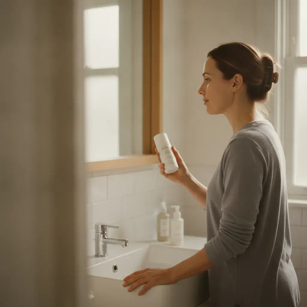 A photorealistic, candid portrait of a woman in her early thirties standing at a clean bathroom sink in soft, diffused...