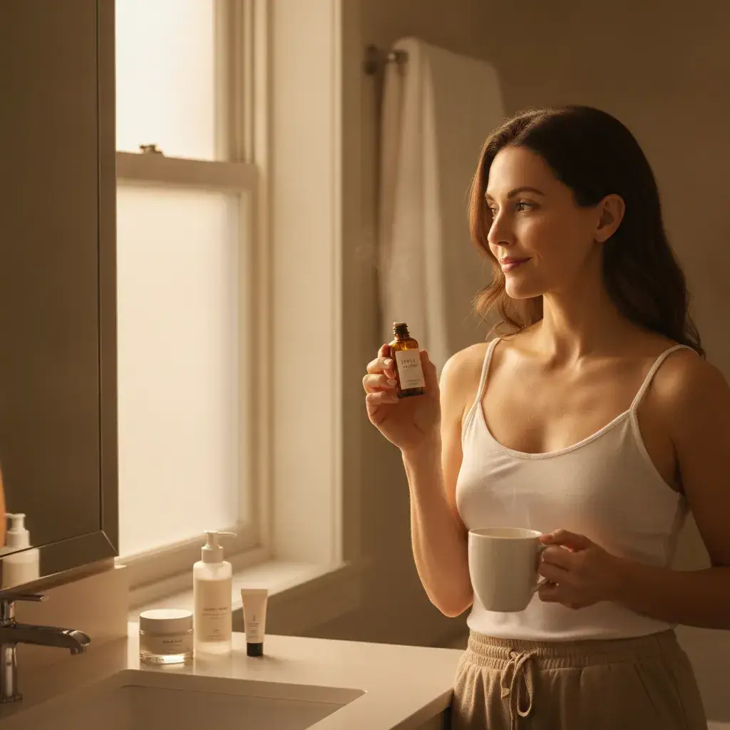 A photorealistic portrait of a woman in her early 30s standing at a bright bathroom vanity in soft, diffused morning...