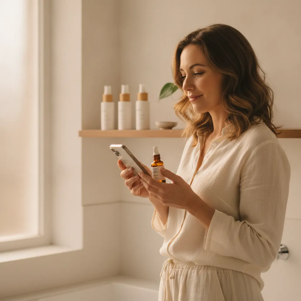 A photorealistic portrait of a woman in her late 30s standing in a bright, airy bathroom during the soft stillness of...