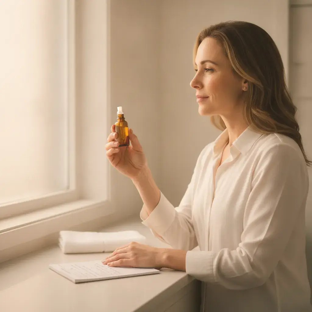 A photorealistic portrait of a woman in her mid-thirties standing at a clean, softly lit bathroom counter on a quiet...