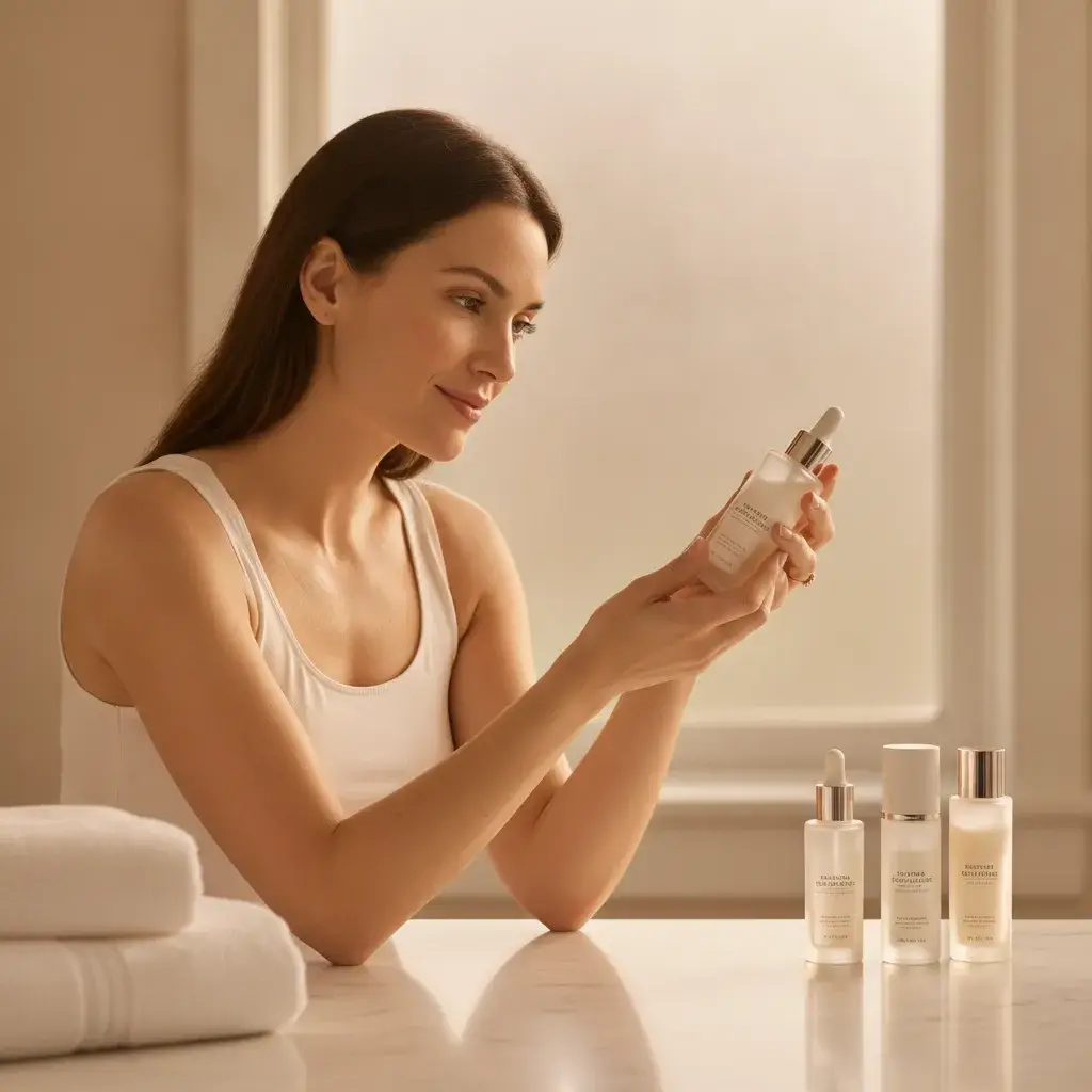 A photorealistic, softly lit portrait of a woman in her early thirties sitting at a clean marble bathroom counter in warm...