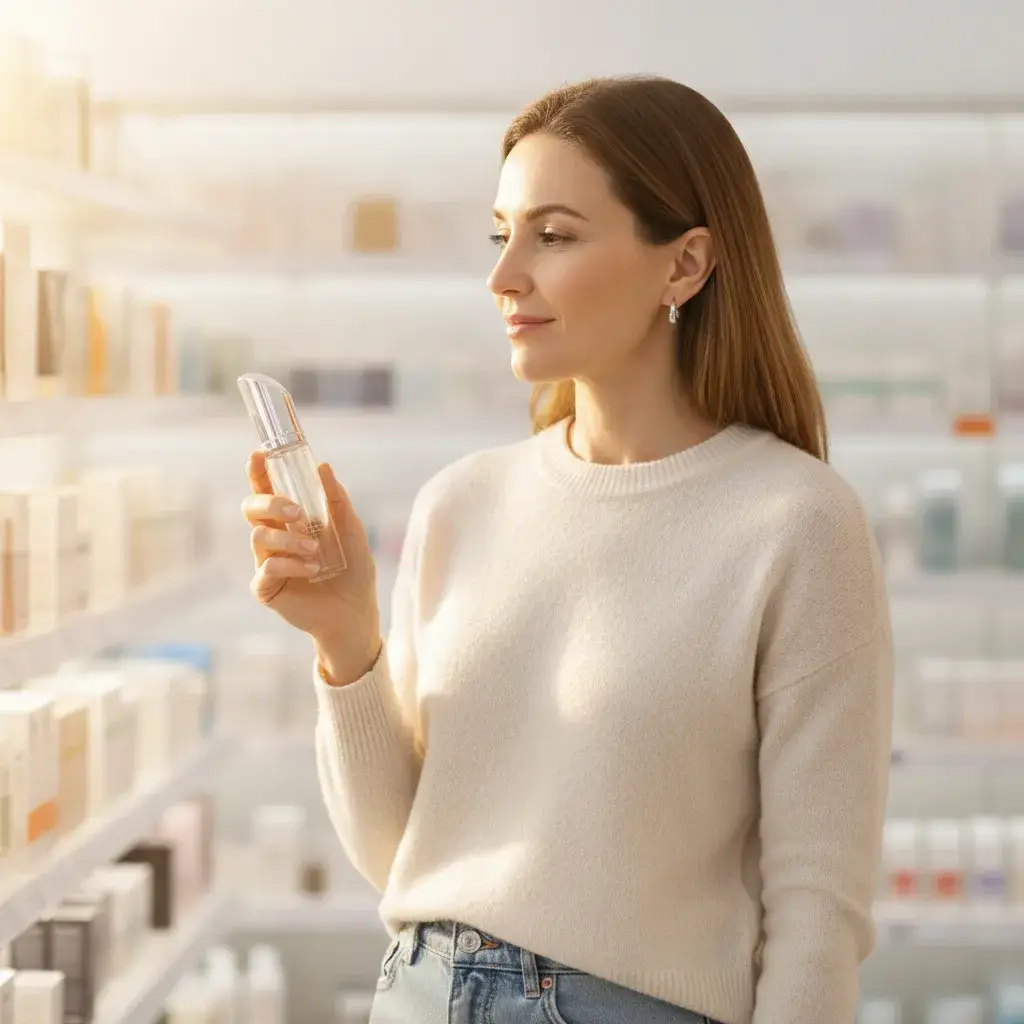A photorealistic, softly lit portrait of a woman in her late 30s standing in a clean, bright skincare aisle, holding a...