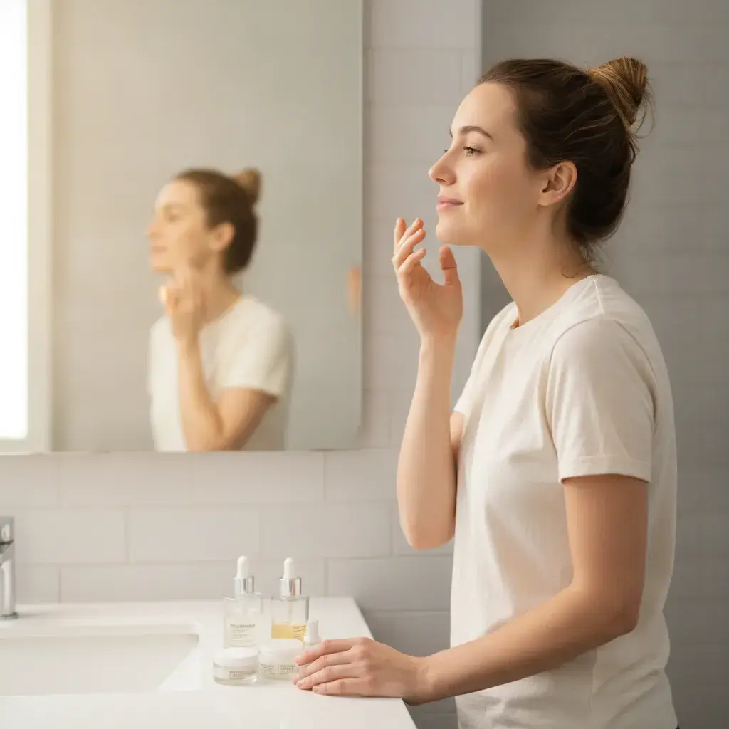A photorealistic, softly documentary-style portrait of a woman in her late 20s standing at a clean bathroom vanity in the...