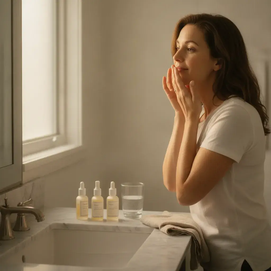 A photorealistic, softly lit bathroom portrait of a woman in her mid-thirties standing at a clean, uncluttered marble...