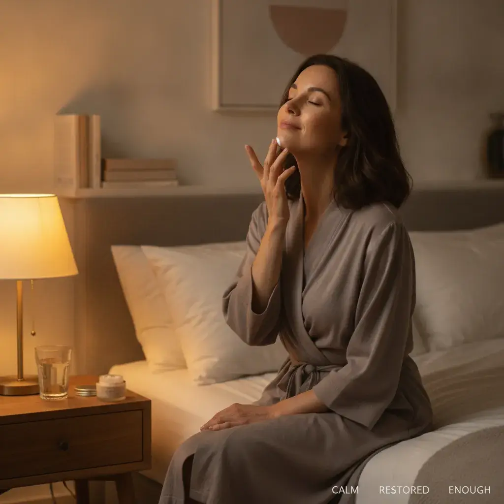 A photorealistic portrait of a woman in her late 30s sitting on the edge of a neatly made bed in a softly lit bedroom,...