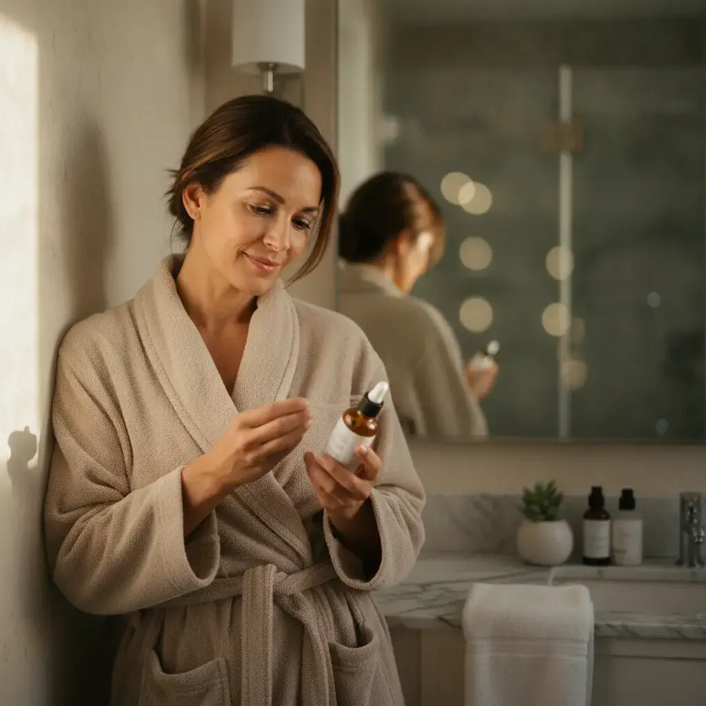 A photorealistic portrait of a woman in her mid-thirties standing at a sun-drenched bathroom vanity, holding a skincare...