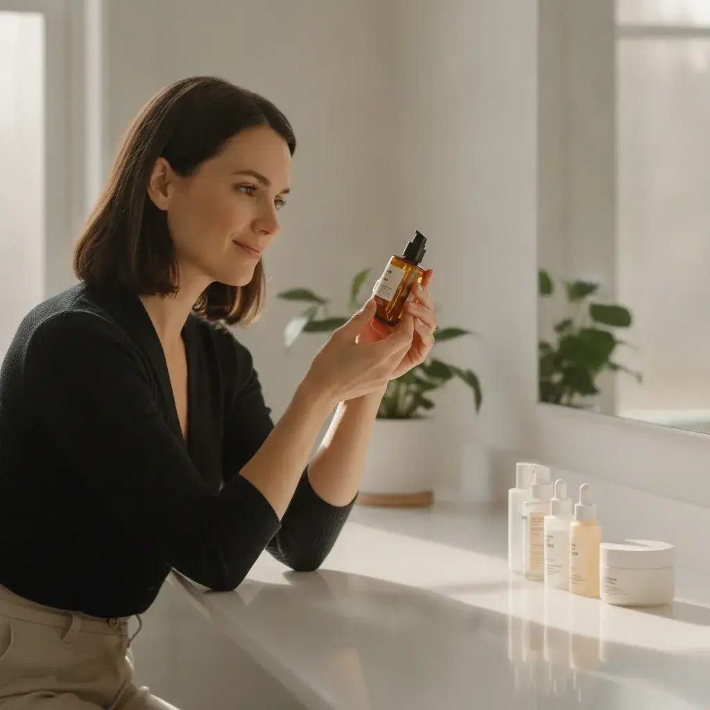 A photorealistic editorial portrait of a woman in her early 30s sitting at a bright, minimalist bathroom vanity on a calm...