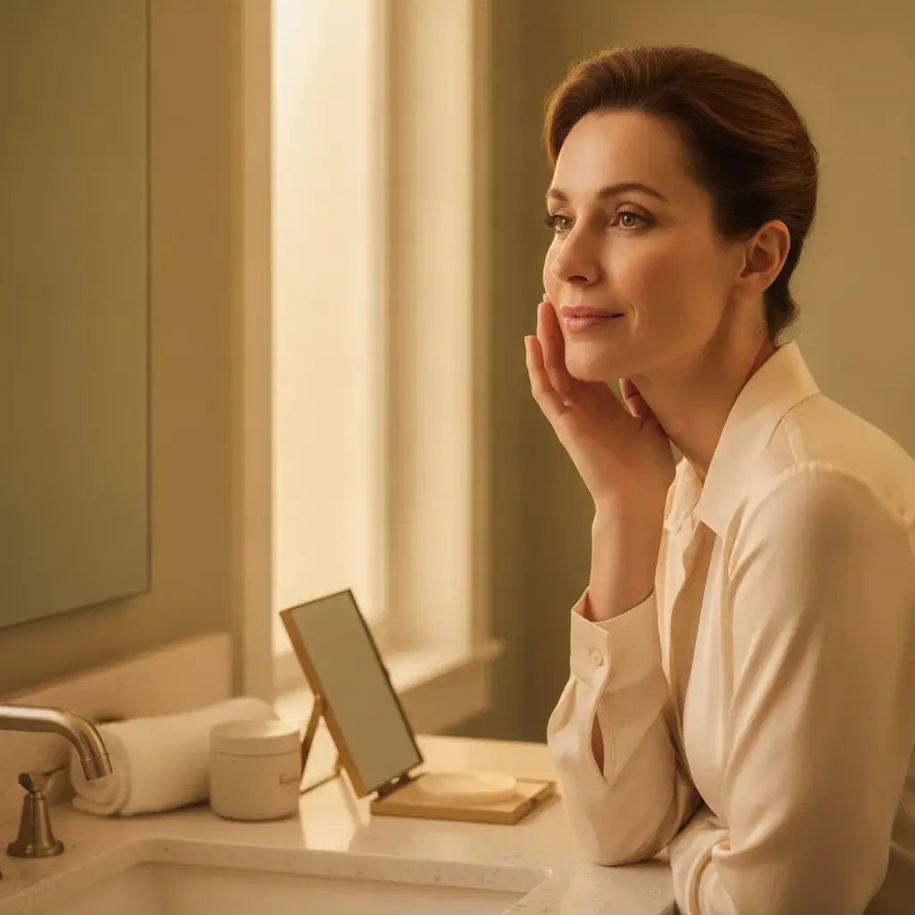 A photorealistic portrait of a woman in her early 40s standing at a bathroom vanity in soft, golden morning light...