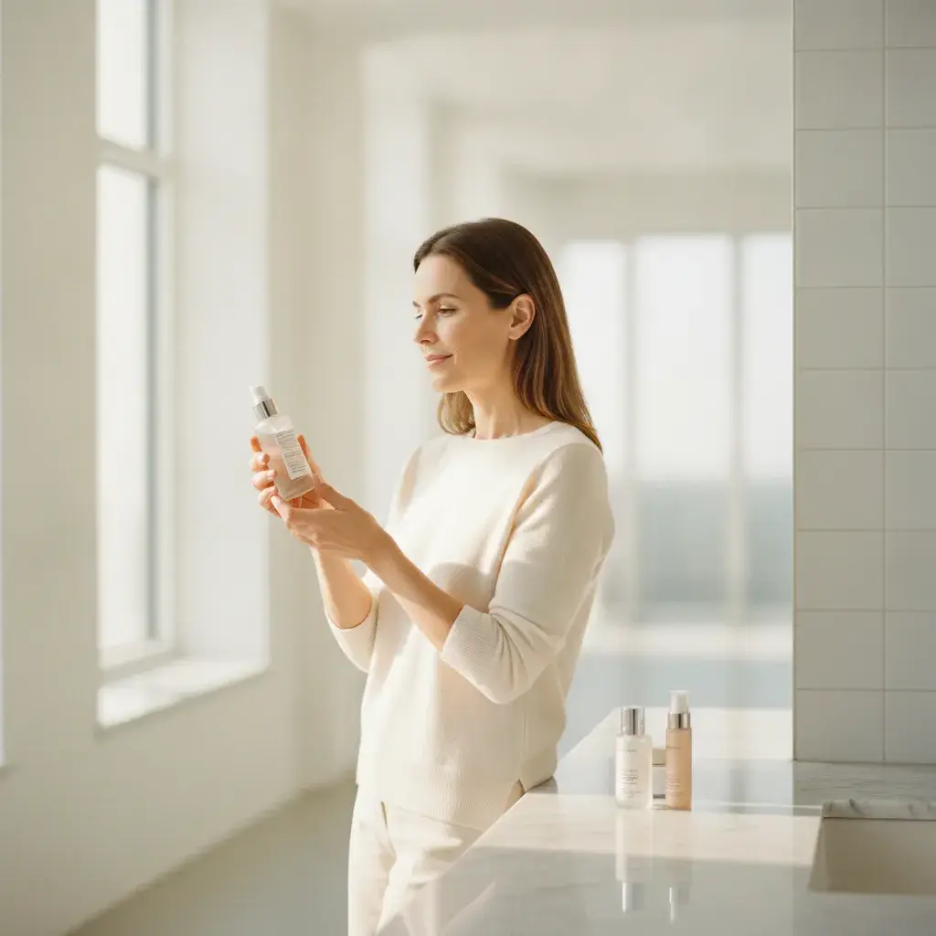 A photorealistic, editorial-style portrait of a woman in her early thirties standing at a clean, minimalist bathroom...